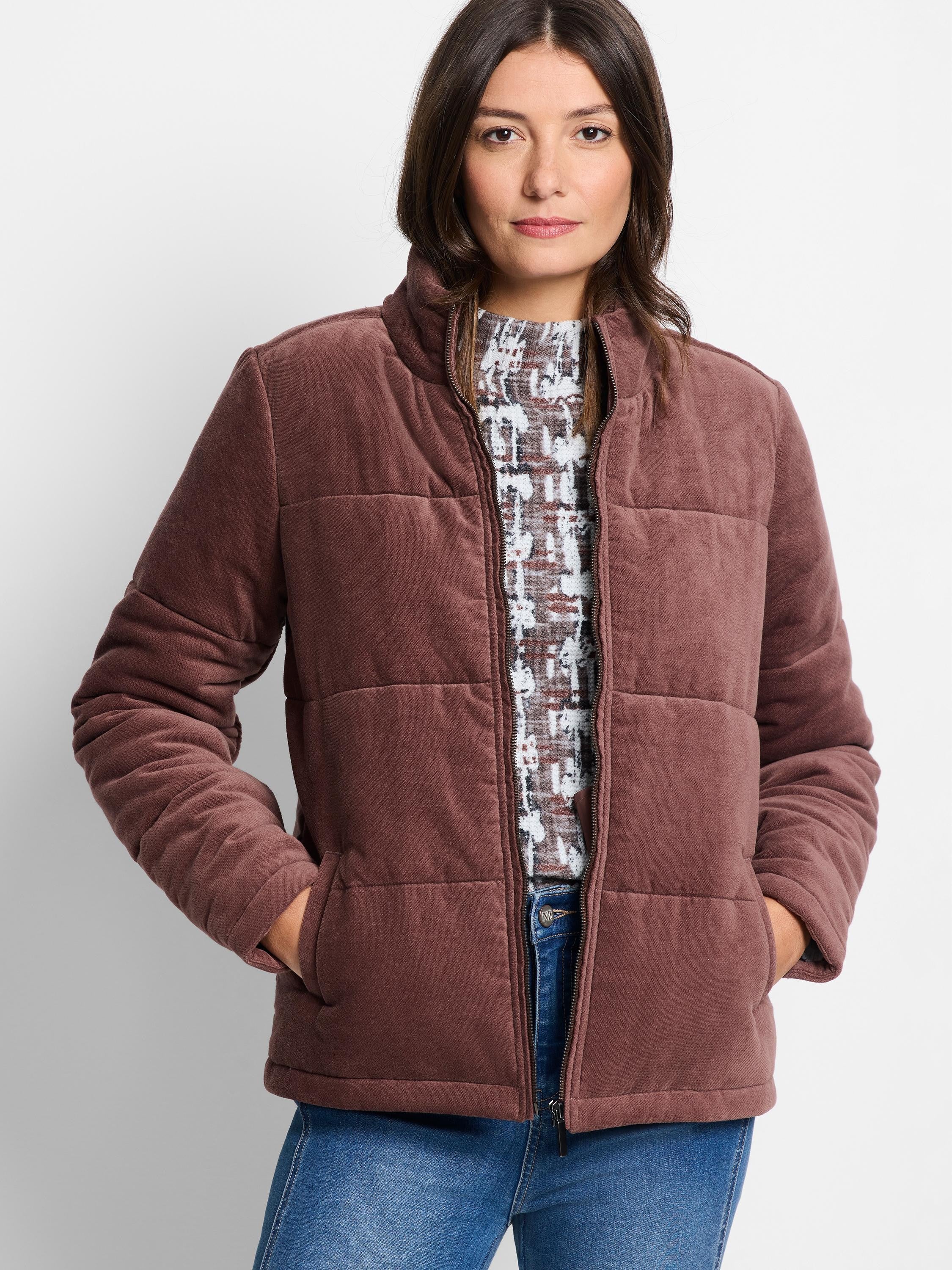 Brown quilted velvet puffer jacket. Zip front, long sleeves, and pockets.