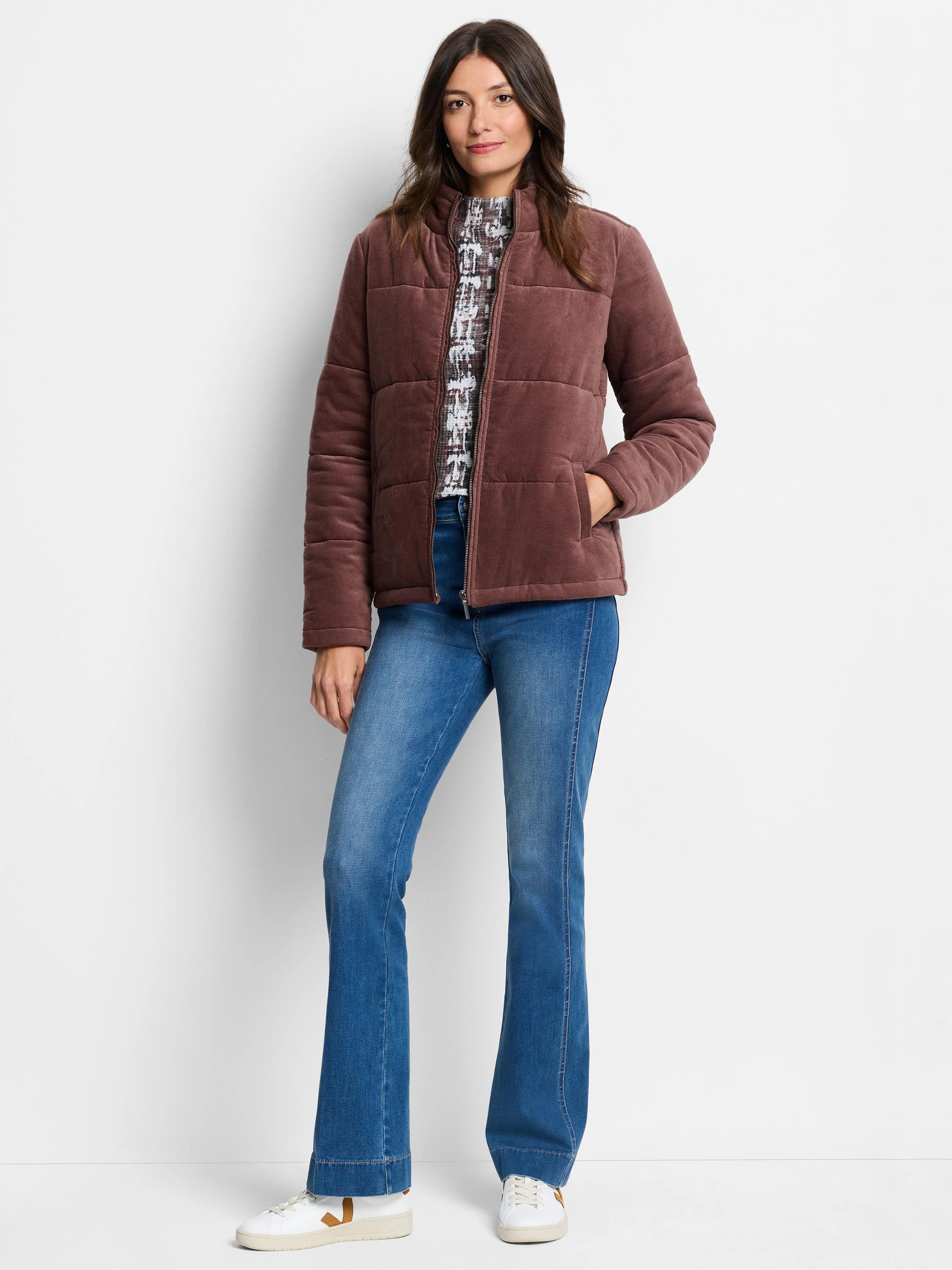 Brown quilted velvet puffer jacket. Zipper front, hip pockets.