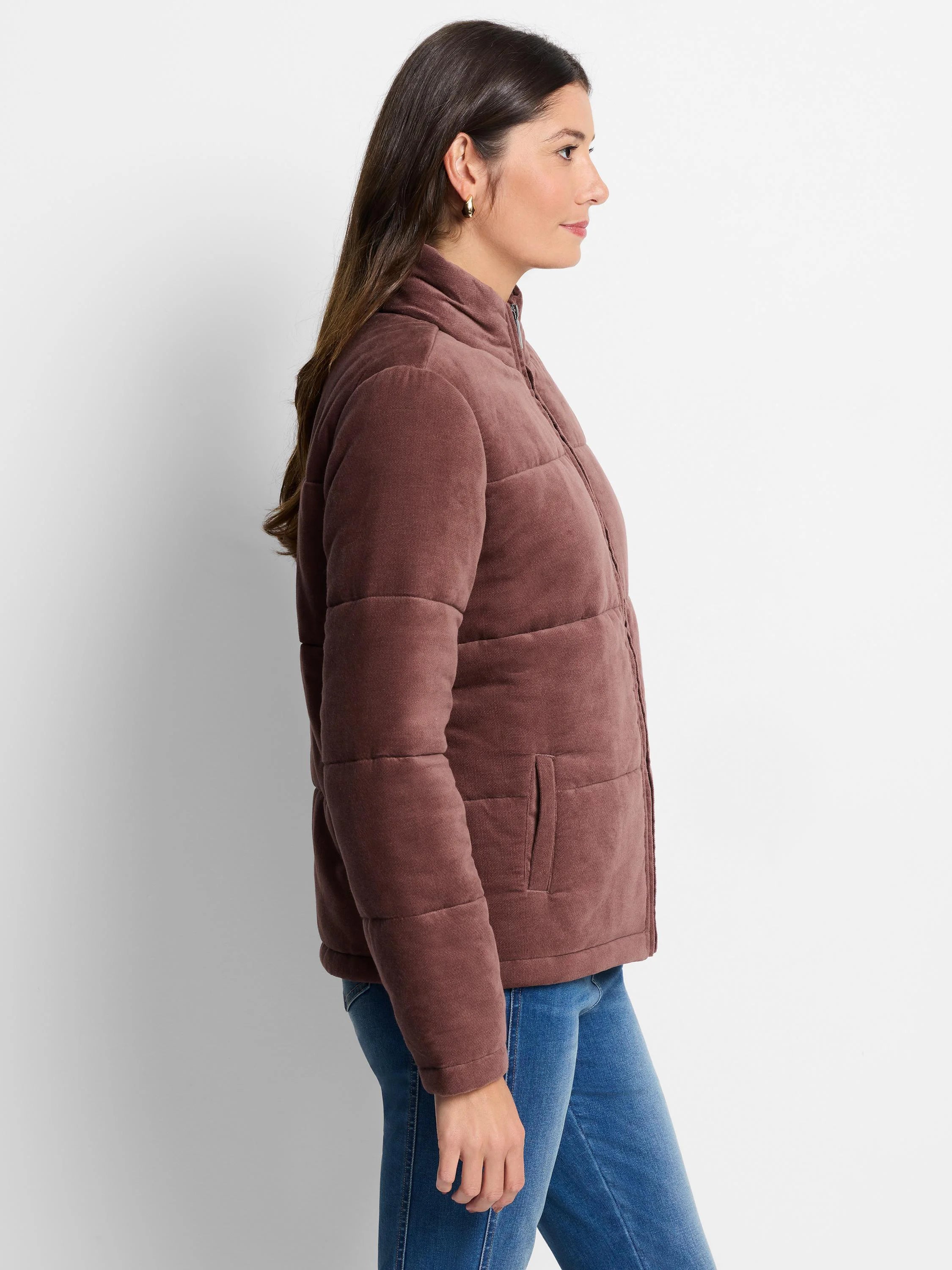 Mauve velvet puffer jacket. Quilted design, zip front.