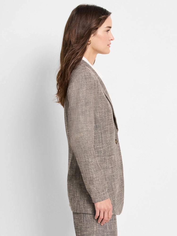 Brown tweed blazer, single button, shown in profile. Subtle lighter flecks in fabric.
