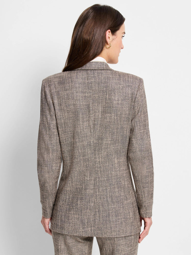 Brown tweed blazer, rear view. Features a subtle beige and dark brown speckled pattern. Long sleeves, notched collar.