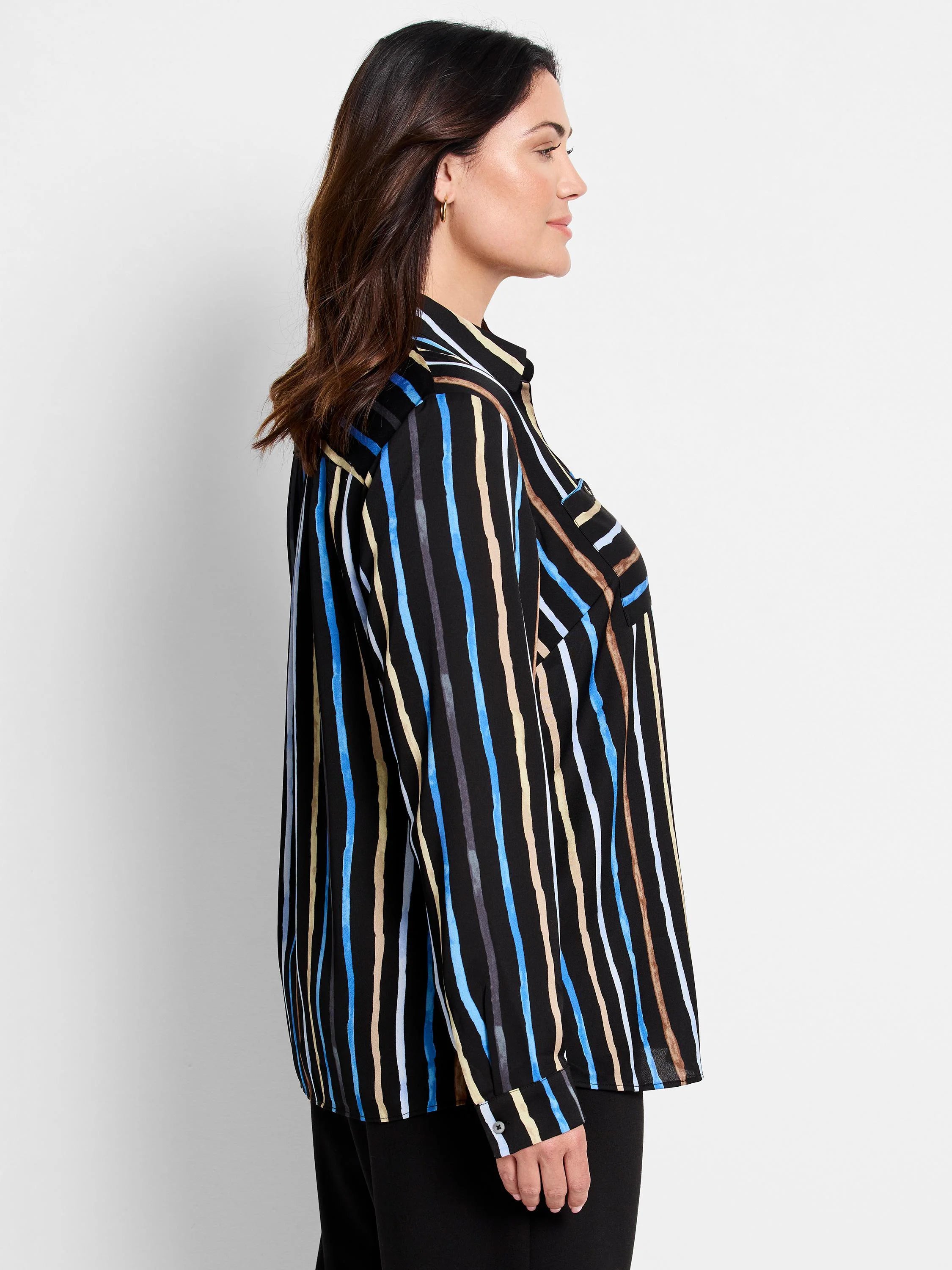 Black shirt with vertical stripes in blue, beige, and gray. Long sleeves, collared.