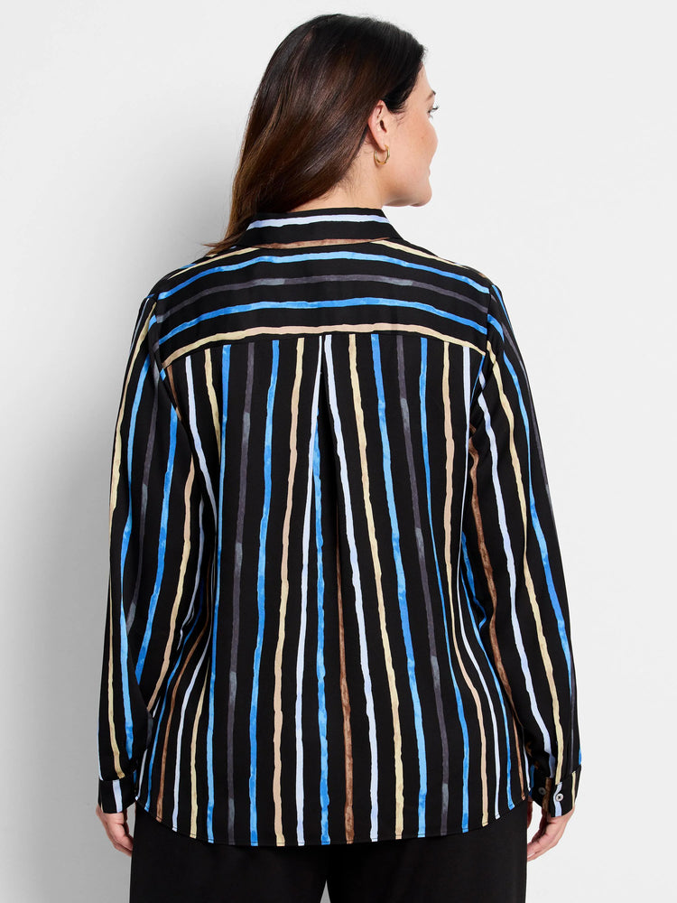 Black shirt with vertical stripes in blue, beige, and gray. Long sleeves, collared.