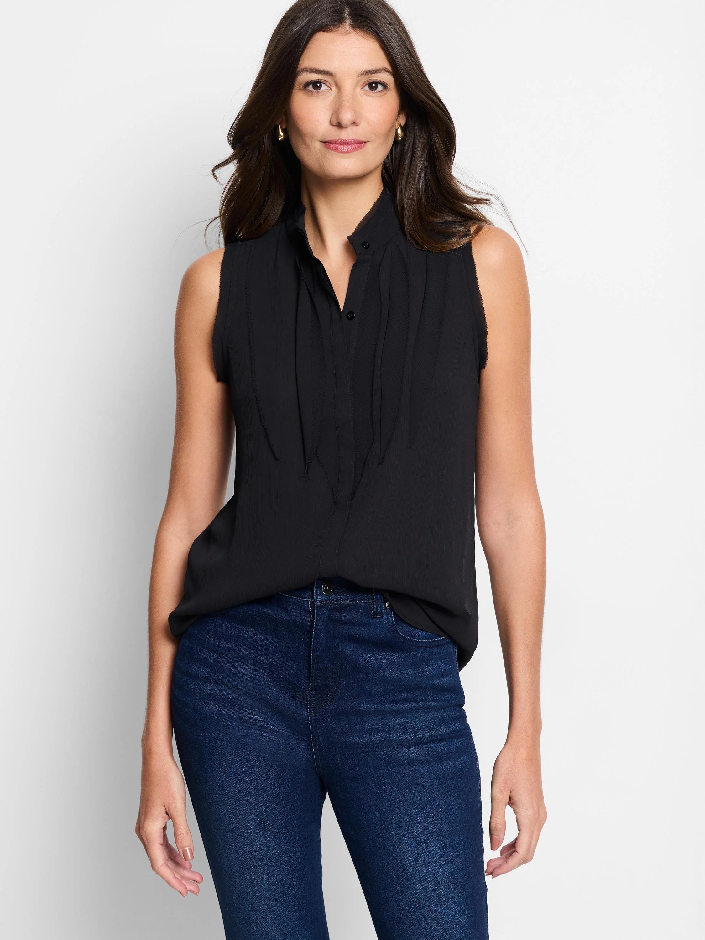 Black sleeveless chiffon top with a button placket and subtle pleating. The neckline is slightly high.