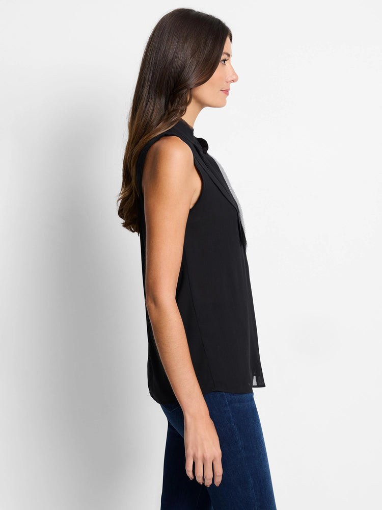 Black sleeveless chiffon top, featuring a gray/silver detail at the neckline. Side profile view.
