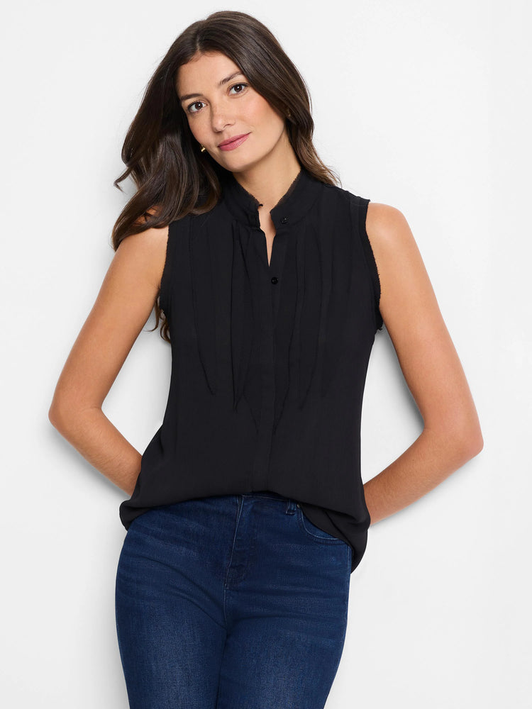 Black sleeveless top with a buttoned placket and subtle pleats. Raw edge neckline.