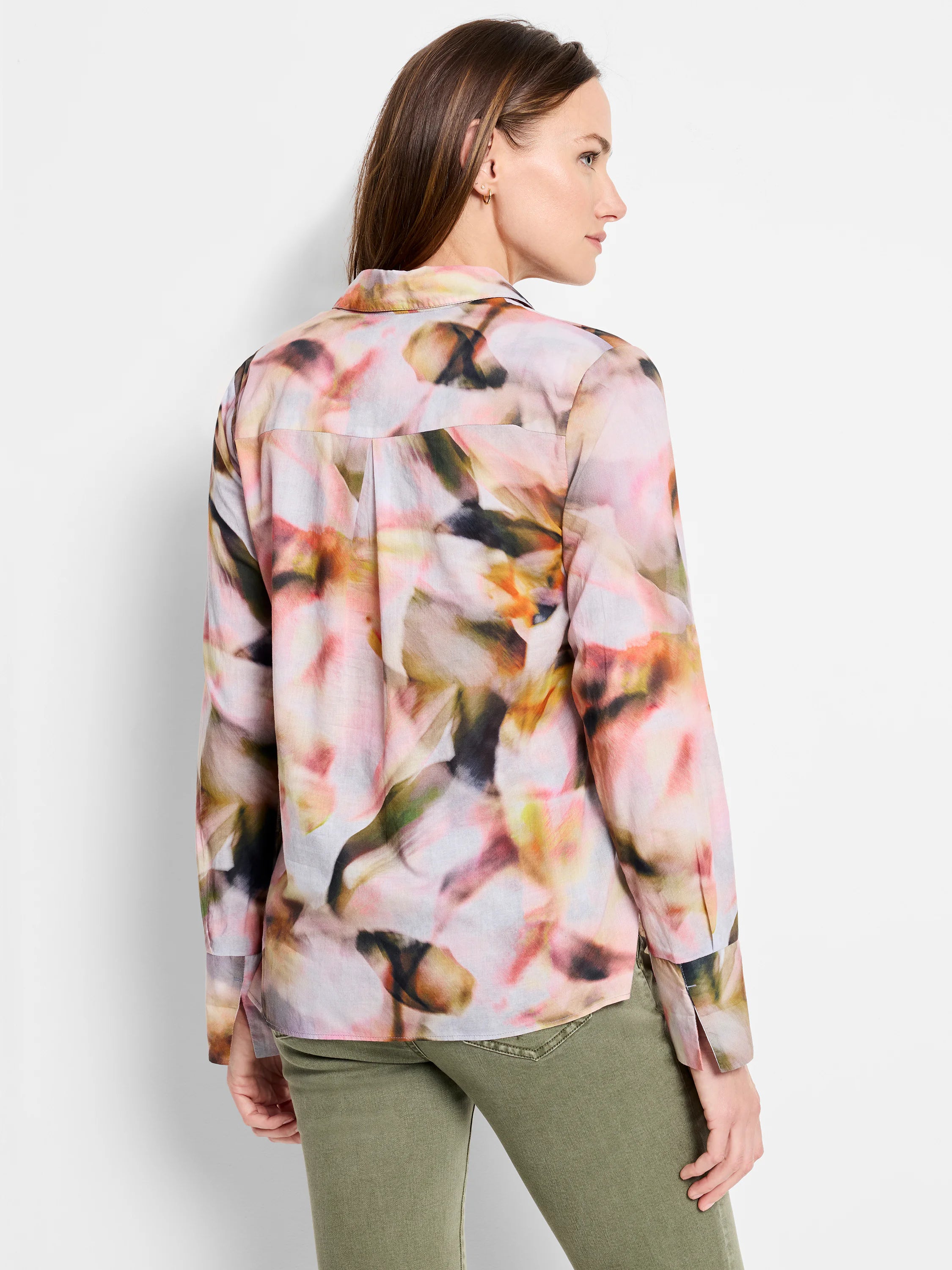 Smoky Petals shirt; long-sleeved collared button-down. Abstract print in pale pink, muted greens, oranges, and dark browns.