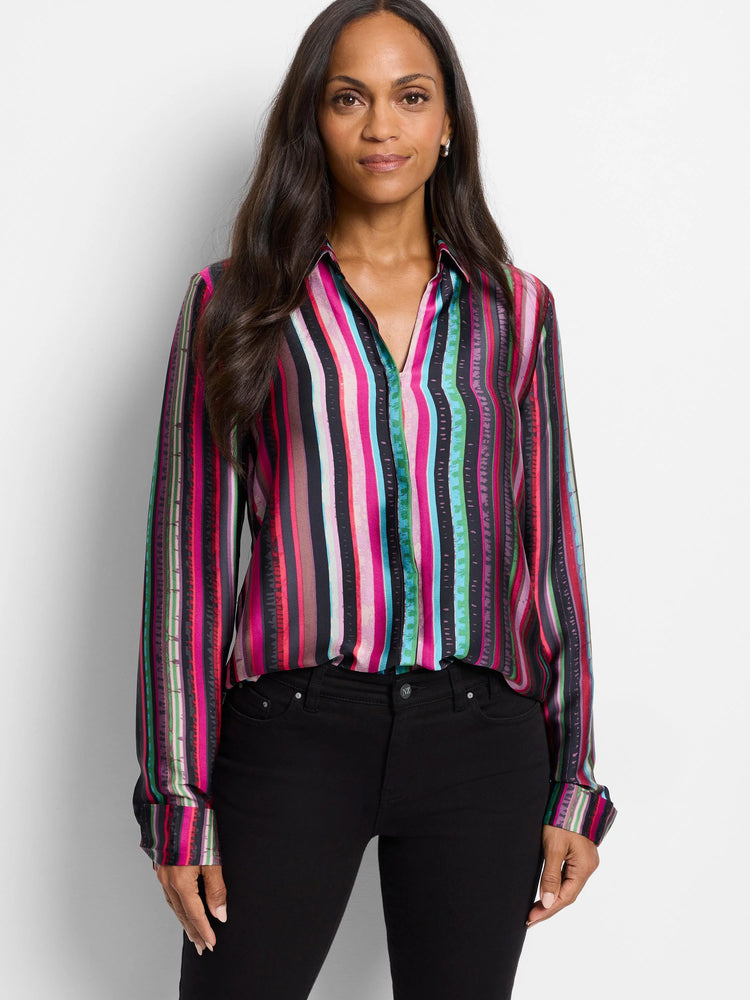 Long-sleeve, collared shirt with vertical stripes in pink, red, purple, teal, green, and black.
