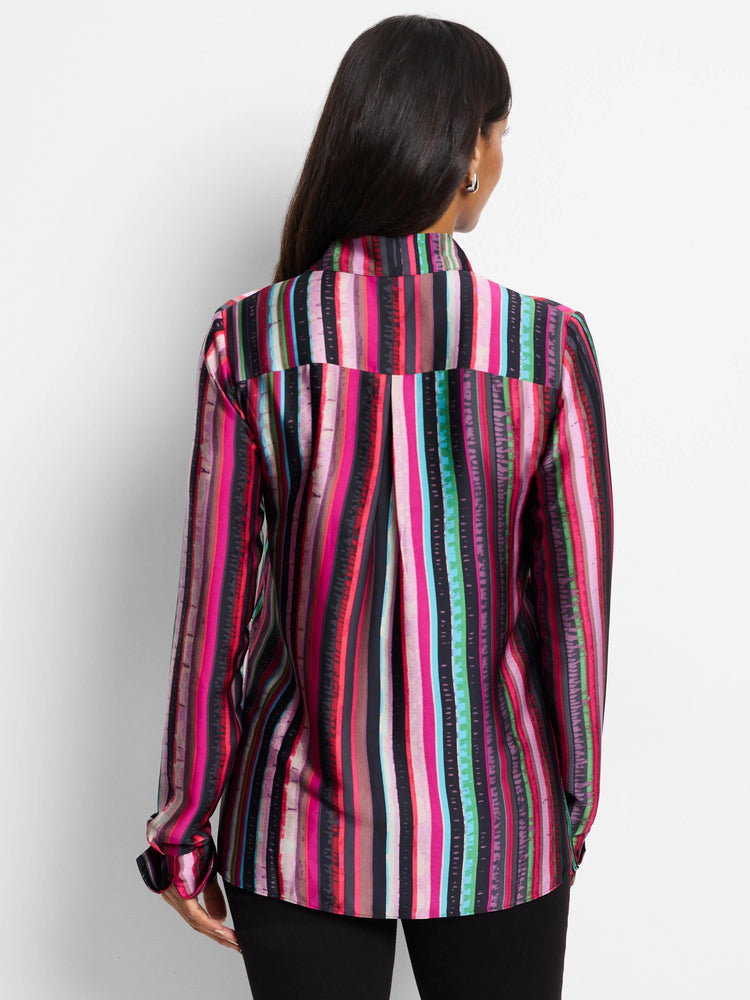 Long-sleeved shirt; multicolored vertical stripes on black background. Predominant colors: pink, red, teal.