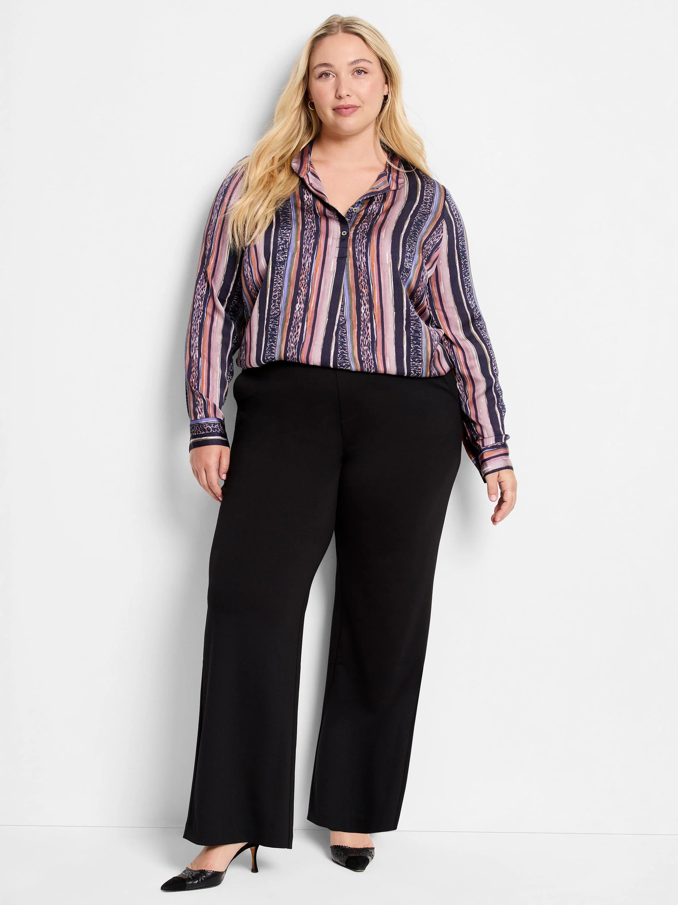 Multicolored vertical stripes on a dark background. Includes pink, orange, purple, and brown tones with animal print...