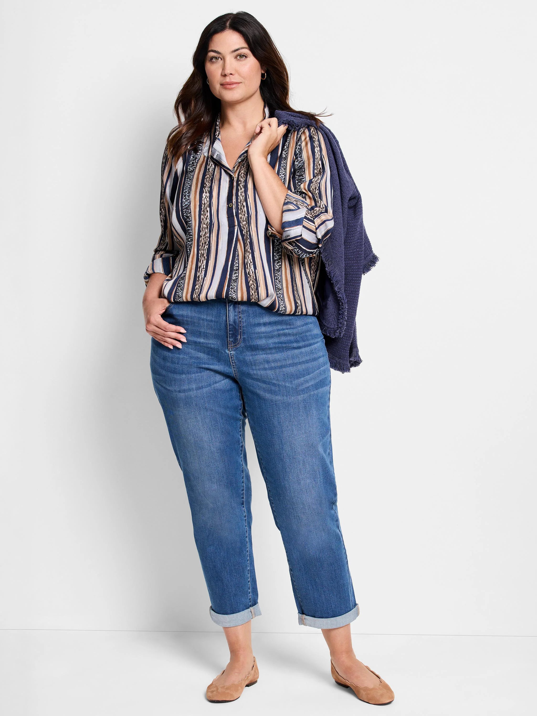 Animal print shirt; navy, beige, brown stripes. Long sleeves, collared.