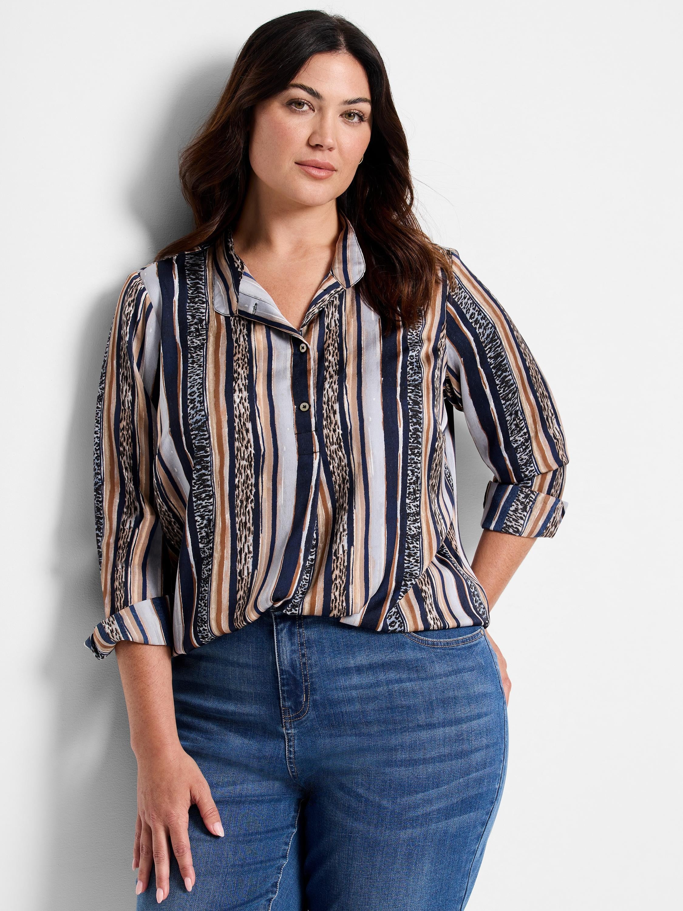 Button-front shirt with vertical stripes in navy, beige, and brown. Includes animal print details. Three-quarter sleeves.