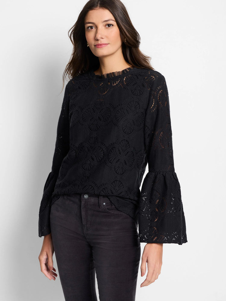 Black lace top with bell sleeves and a round neckline. Intricate floral lace pattern throughout. Sheer neckline detail.