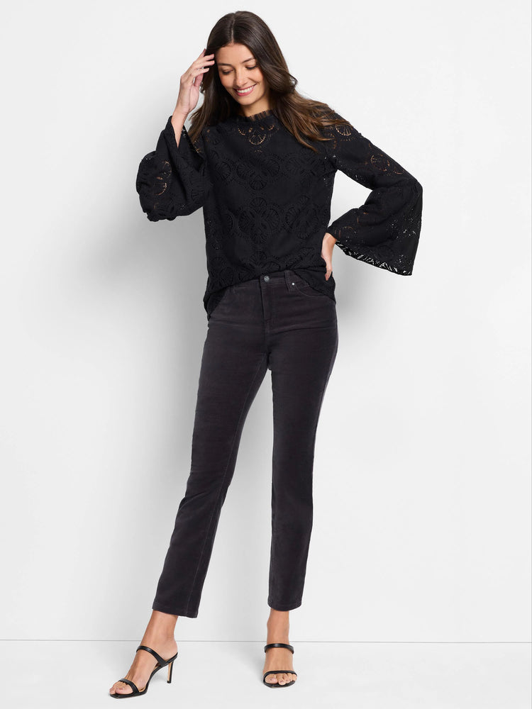 Black lace top with bell sleeves and a round neckline. Intricate floral pattern throughout.