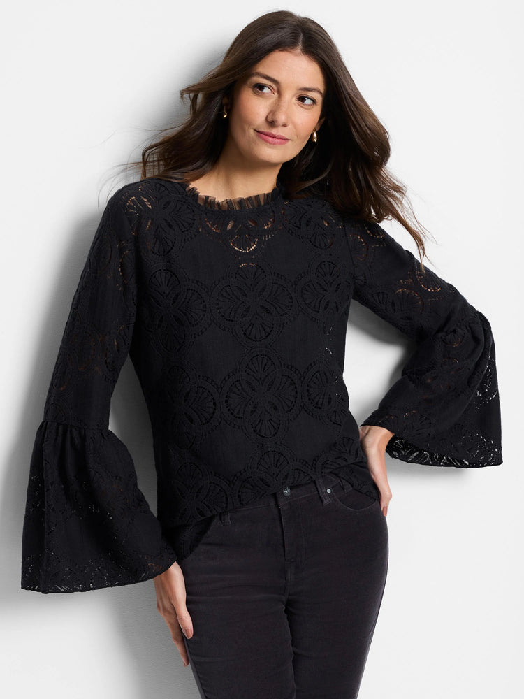 Black lace top with long bell sleeves and a round neckline. The lace has a repeating circular pattern.