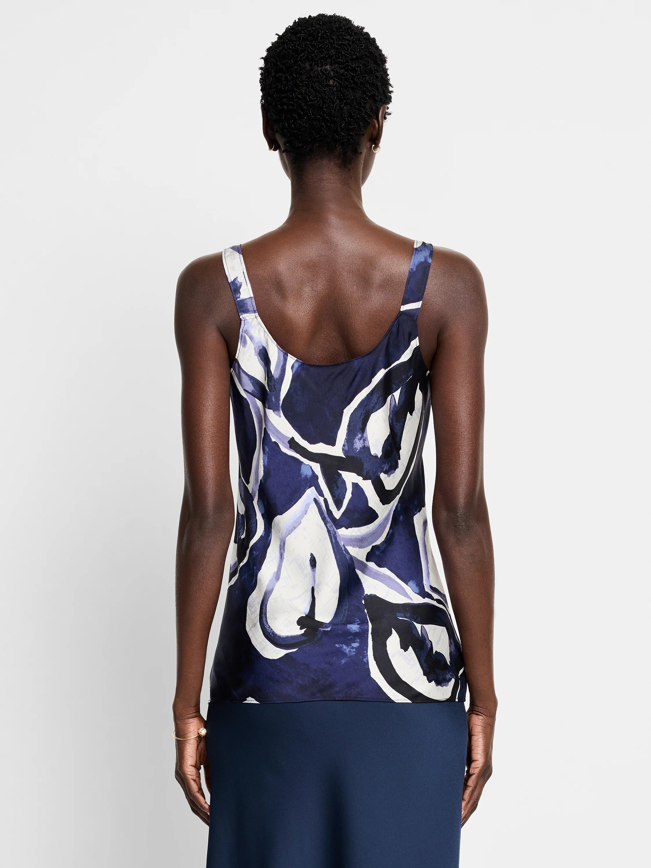 Navy, white, and lilac watercolor vine print cami; sleeveless, scoop neck.