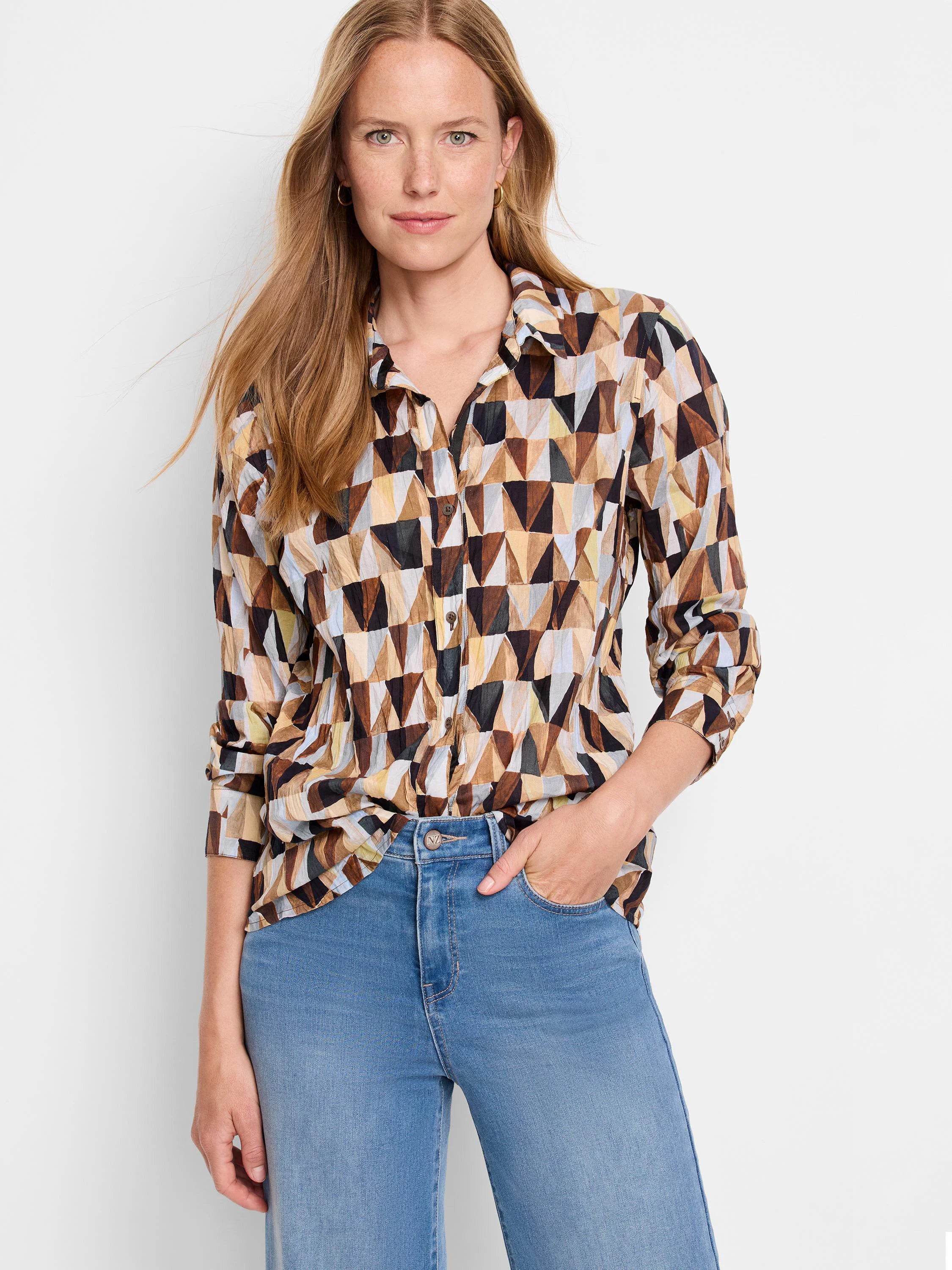 Brown, beige, and gray geometric print long-sleeve collared shirt. Crinkled fabric.