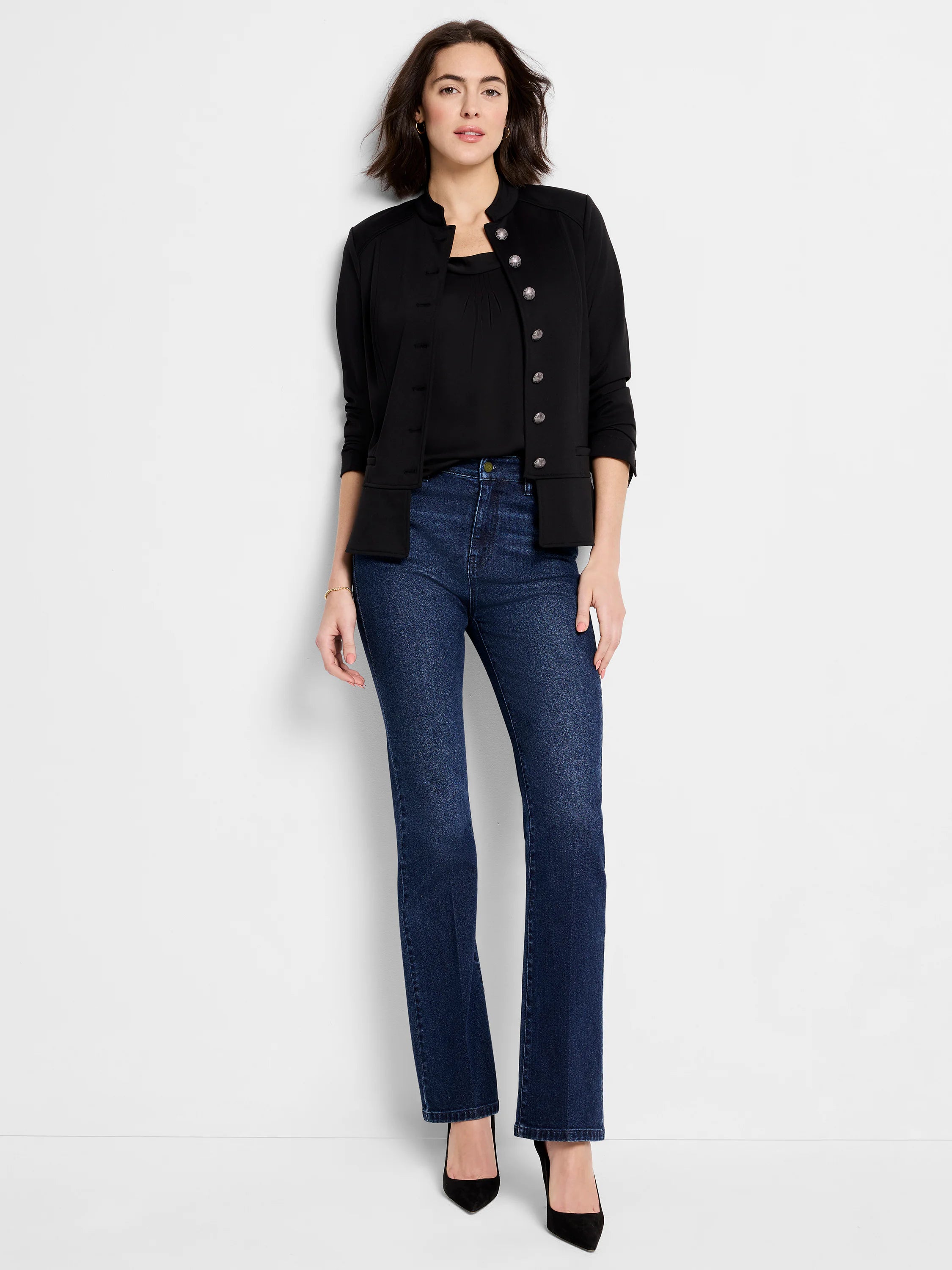 Black satin chiffon jacket with silver buttons, shown on a model.