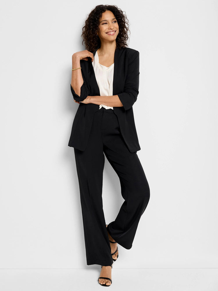 Black satin chiffon jacket and pants; three-quarter sleeves, open front.