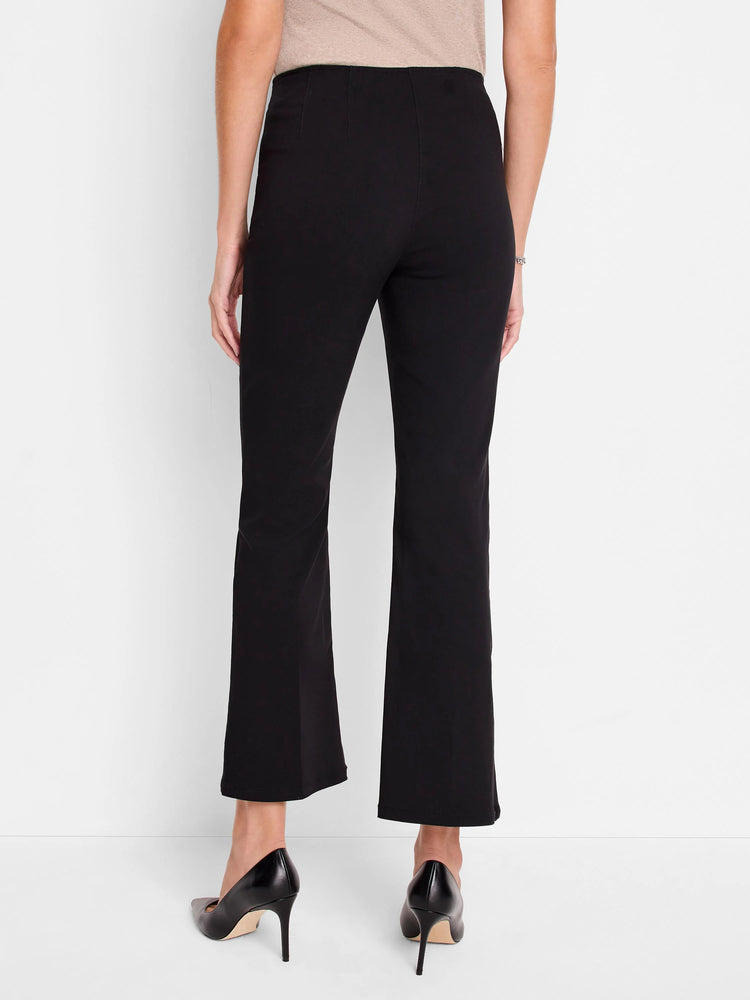 Black bootcut pull-on pants; mid-rise waist, slightly flared legs. Shown on a model from the back.