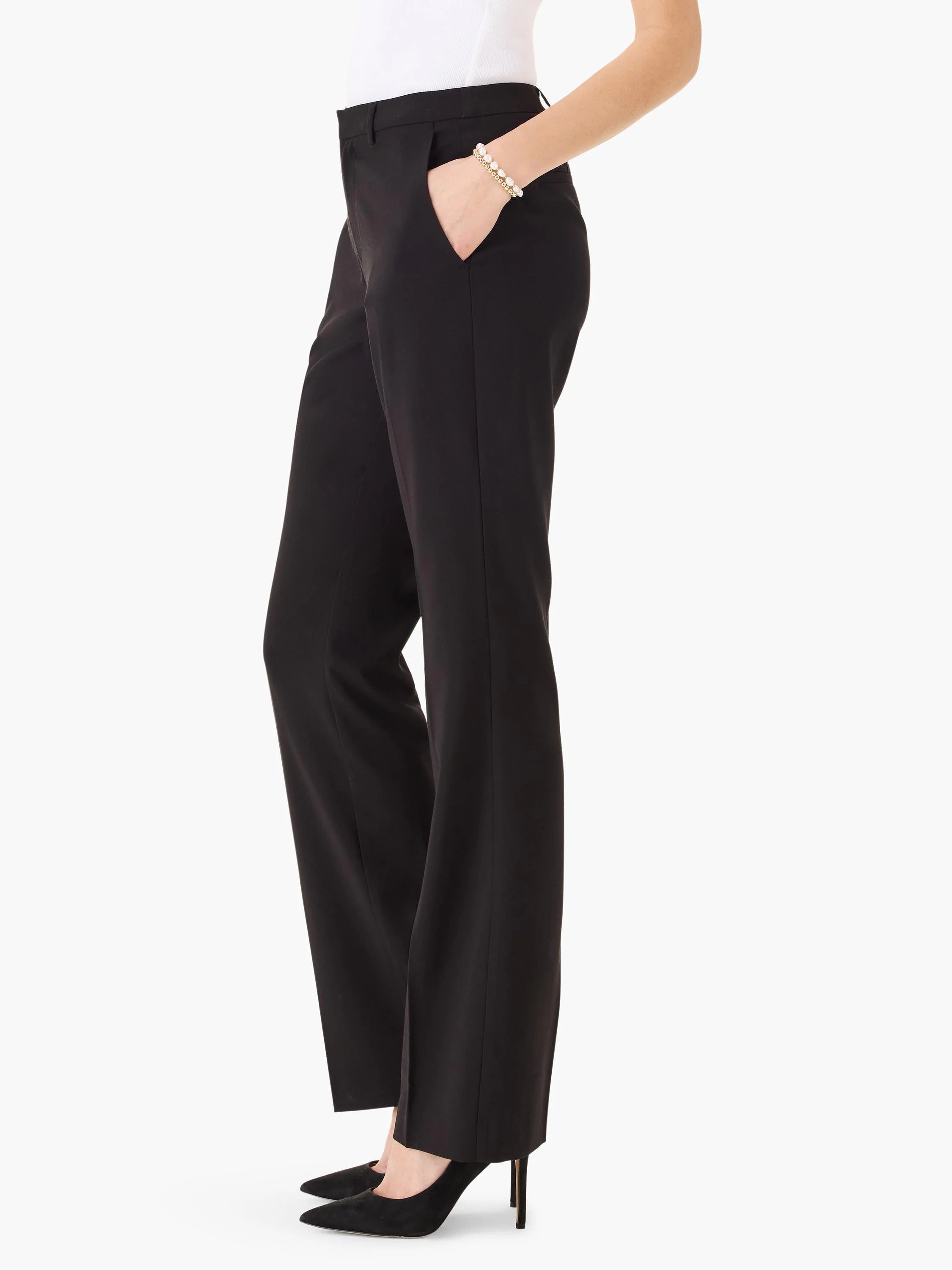 Black bootcut trousers; side view shows straight legs, slightly flared at the ankle.