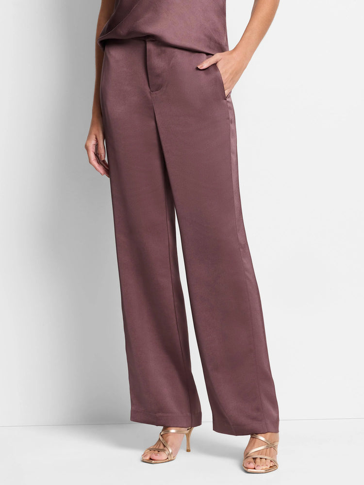 Mauve satin wide-leg pants; straight legs, cuffed hems. Model wears rose gold heels.