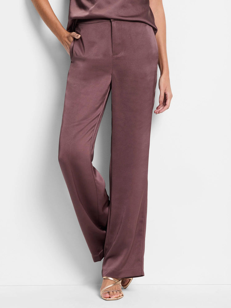 Mauve satin wide-leg pants. High-waisted, with a center front closure.