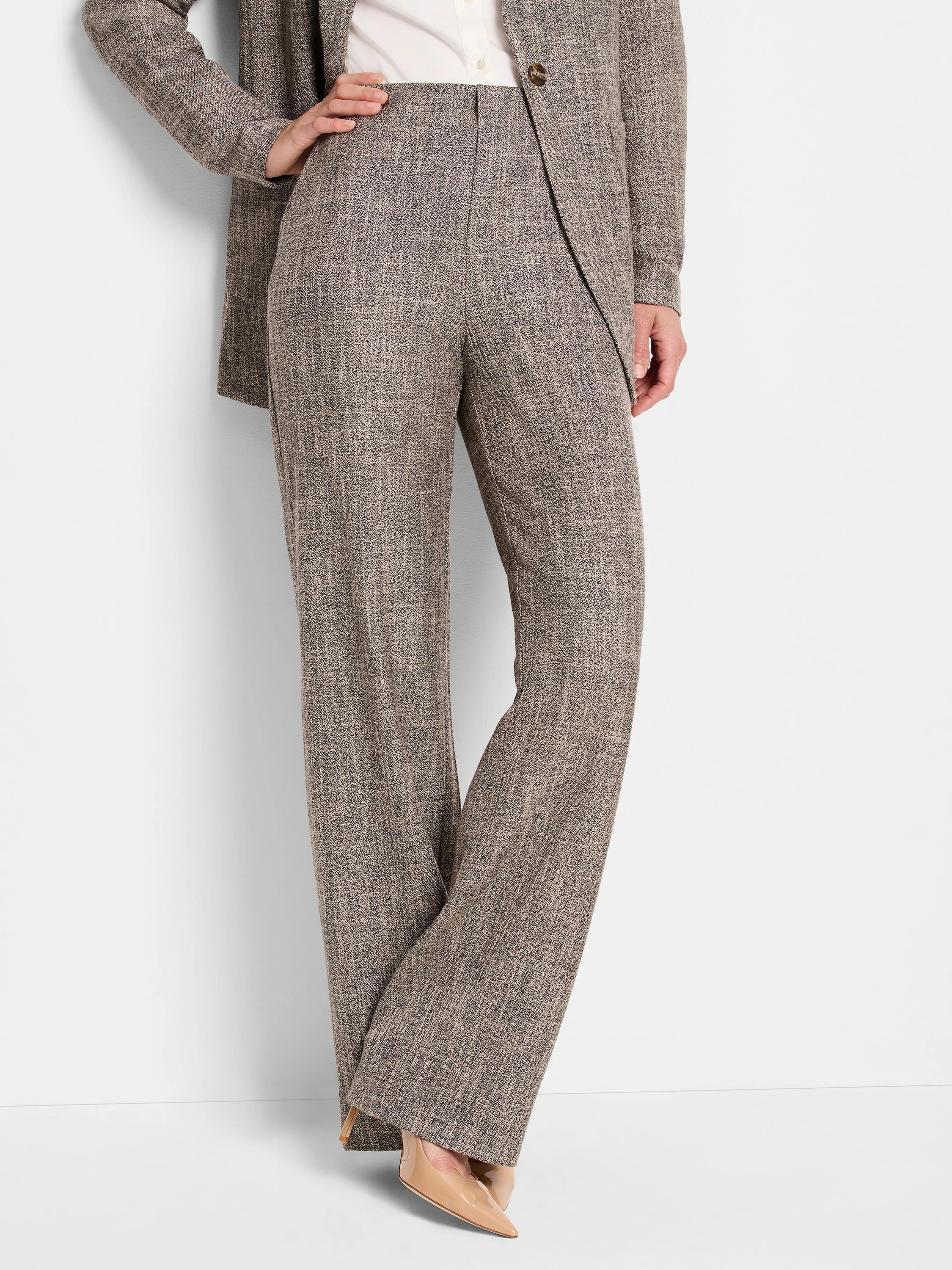 Gray tweed wide-leg pants; subtle beige/brown flecks. High-waisted, straight leg silhouette.