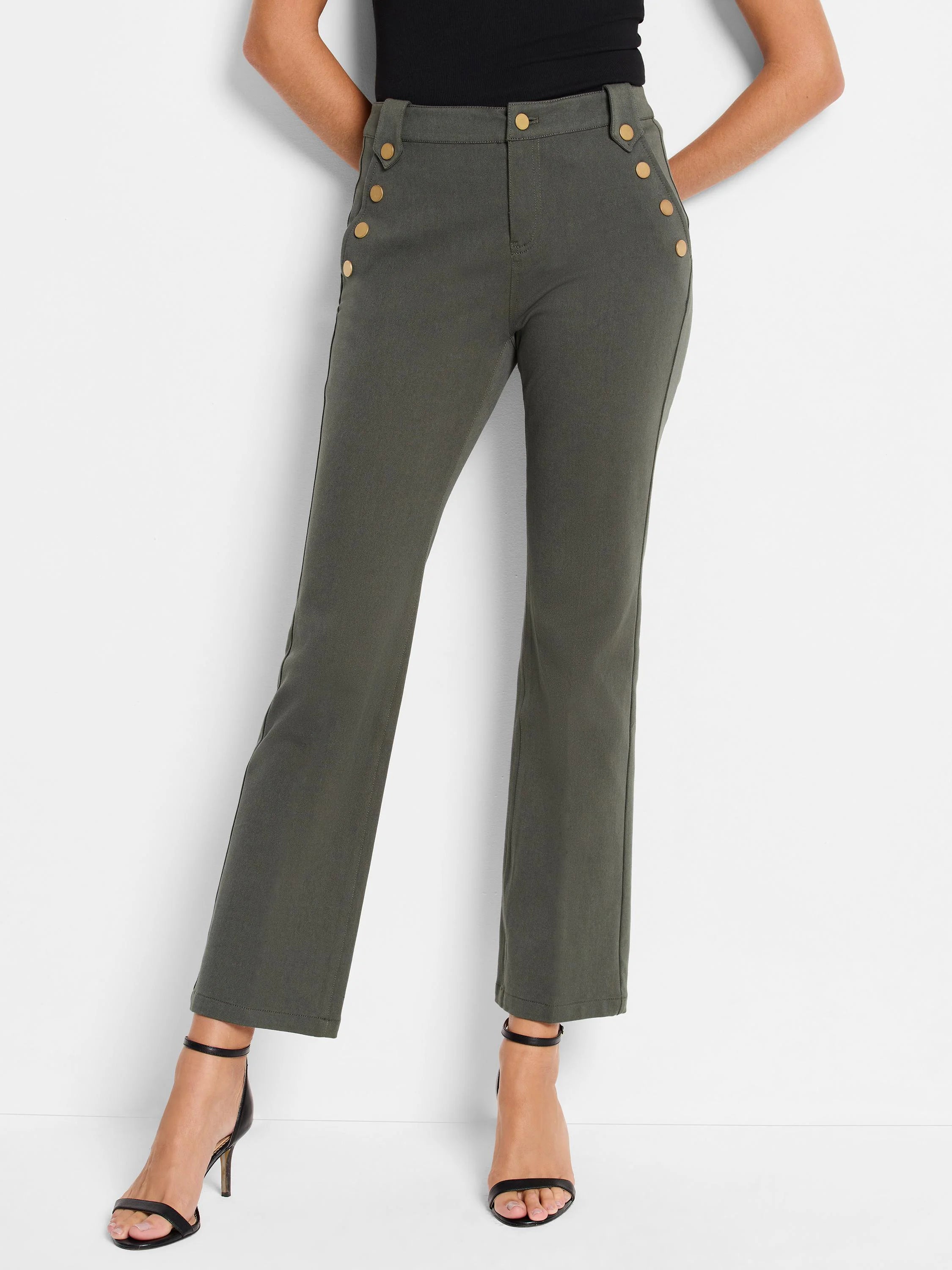 Olive green, flared-leg pants; gold buttons down the sides.