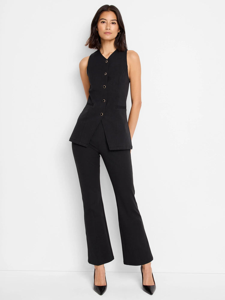Black bootcut pants; pull-on style.