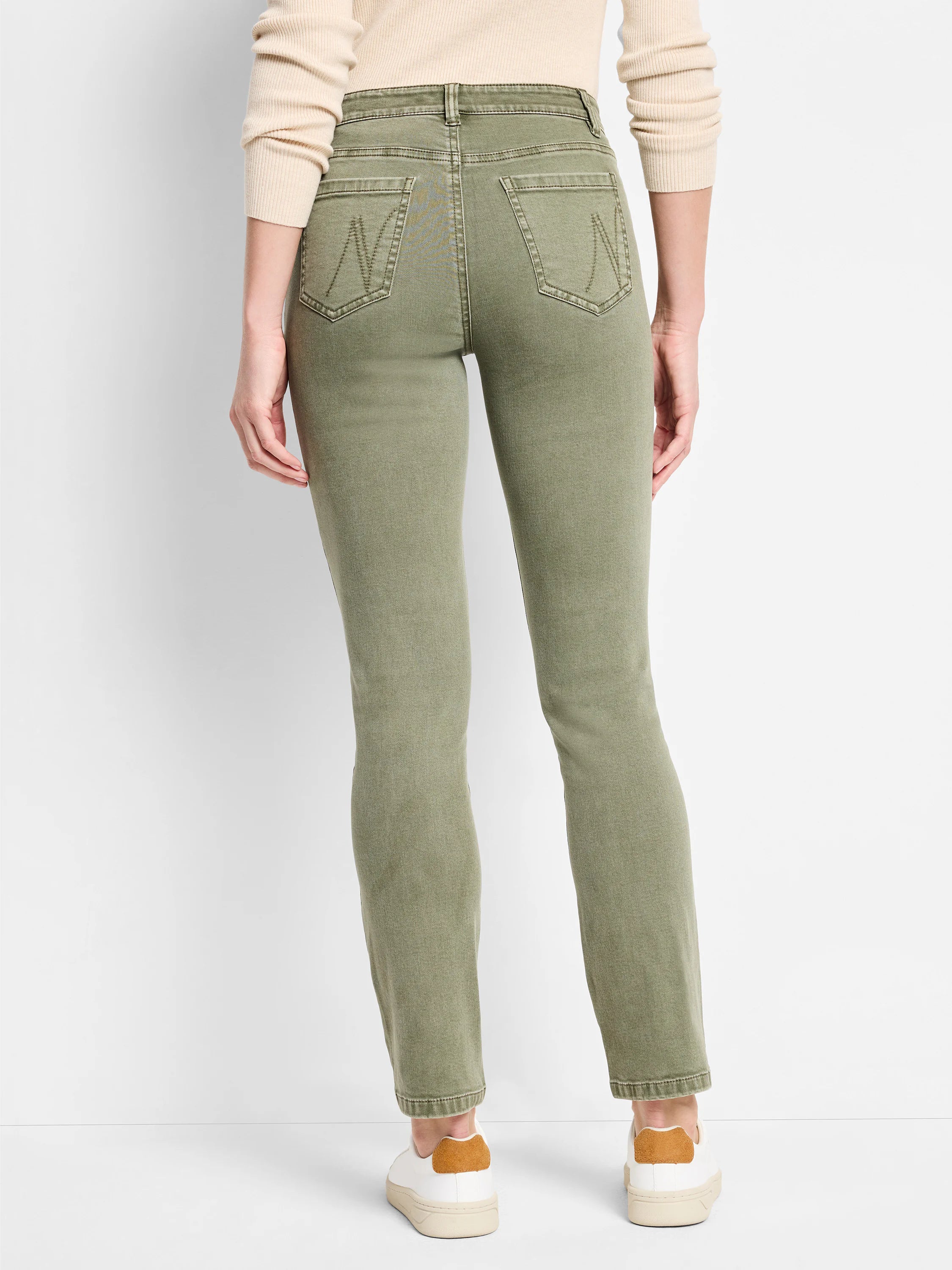 Muted olive green straight carpenter jeans, viewed from behind. Features 'M' stitching on the back pockets.