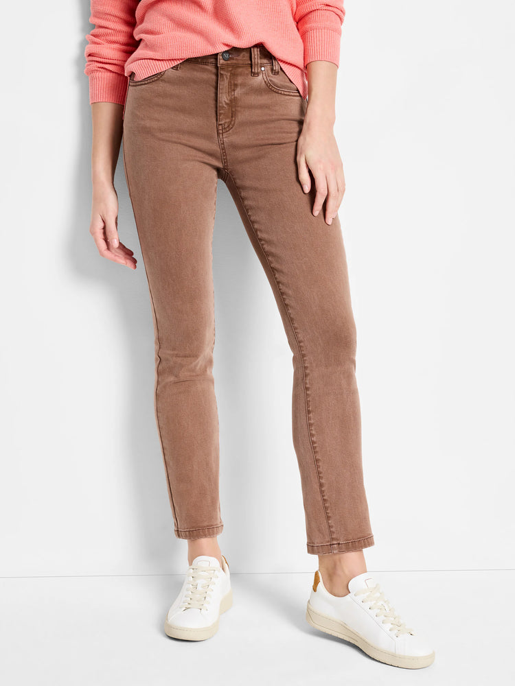 Brown straight ankle jeans with visible denim texture, worn on a model.