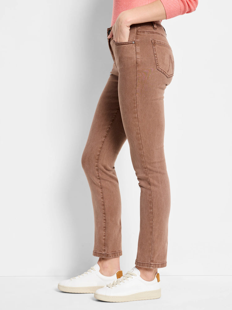 Clay-colored straight ankle jeans with visible pockets and contrast stitching.