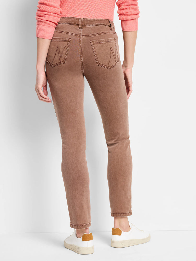 Rear view of clay brown straight ankle jeans with stitched back pockets and cropped hem.