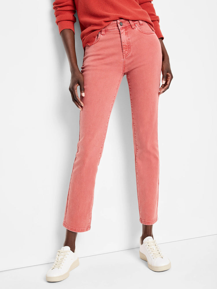 Faded coral straight ankle jeans, cuffed at the hem, with front pockets and button detail.