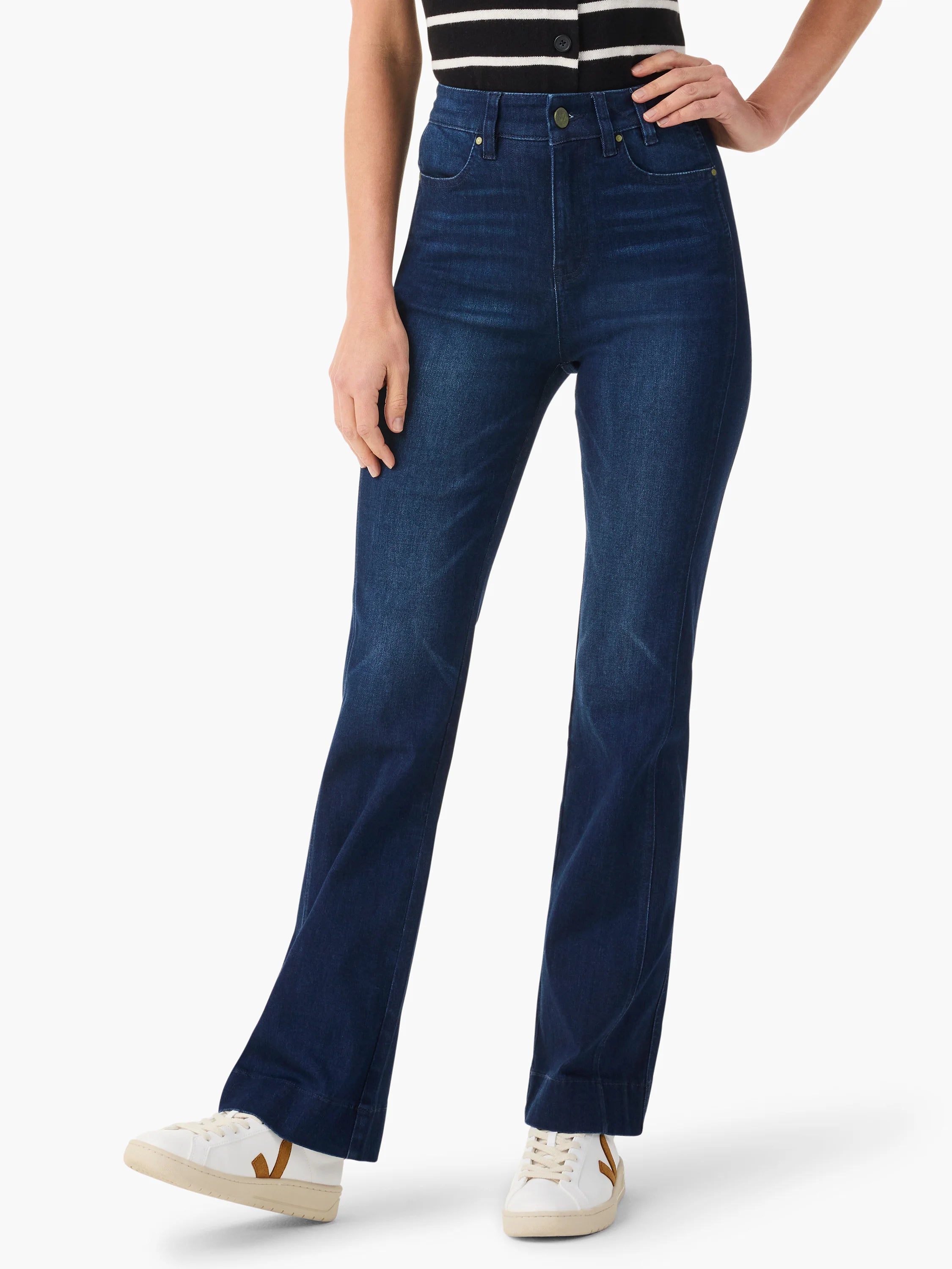 Dark indigo high-waisted bootcut jeans with subtle fading on the thighs.