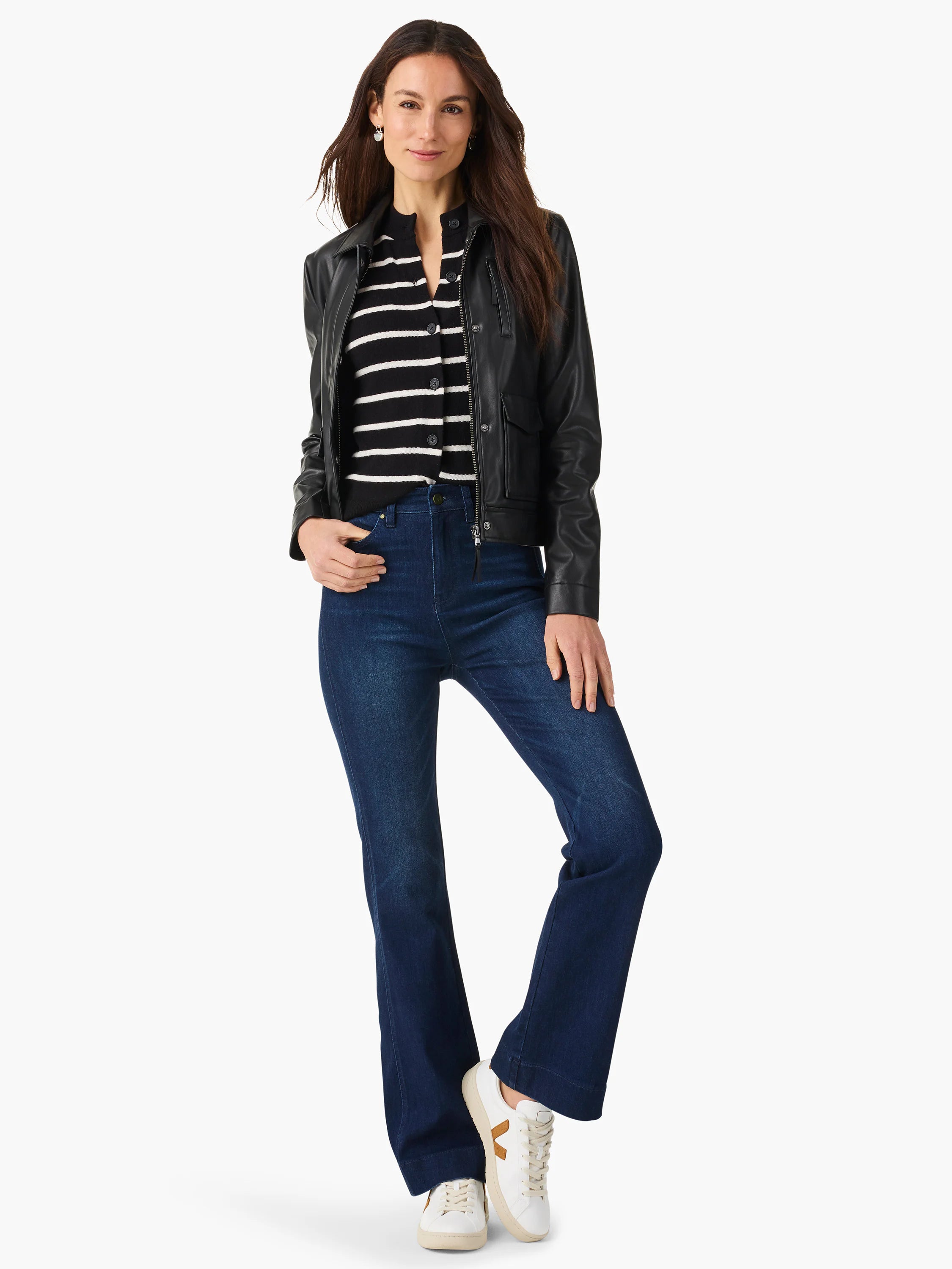 Dark wash bootcut jeans with subtle side panels.