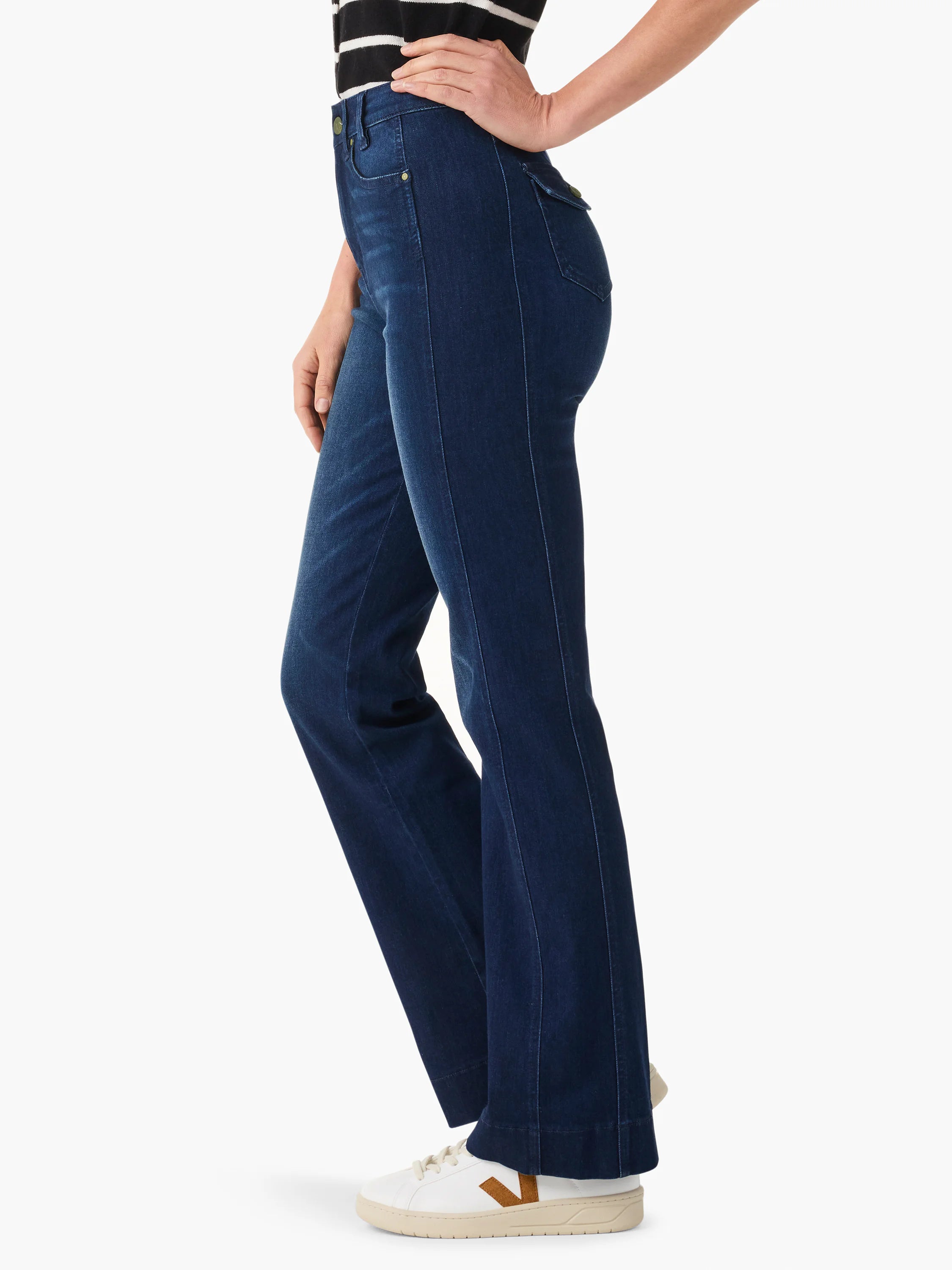 Dark blue bootcut jeans with side panels defined by visible seams, plus front and hip pockets.