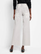 Pale grey wide leg jeans, back view, with stitched back pockets and frayed hems.