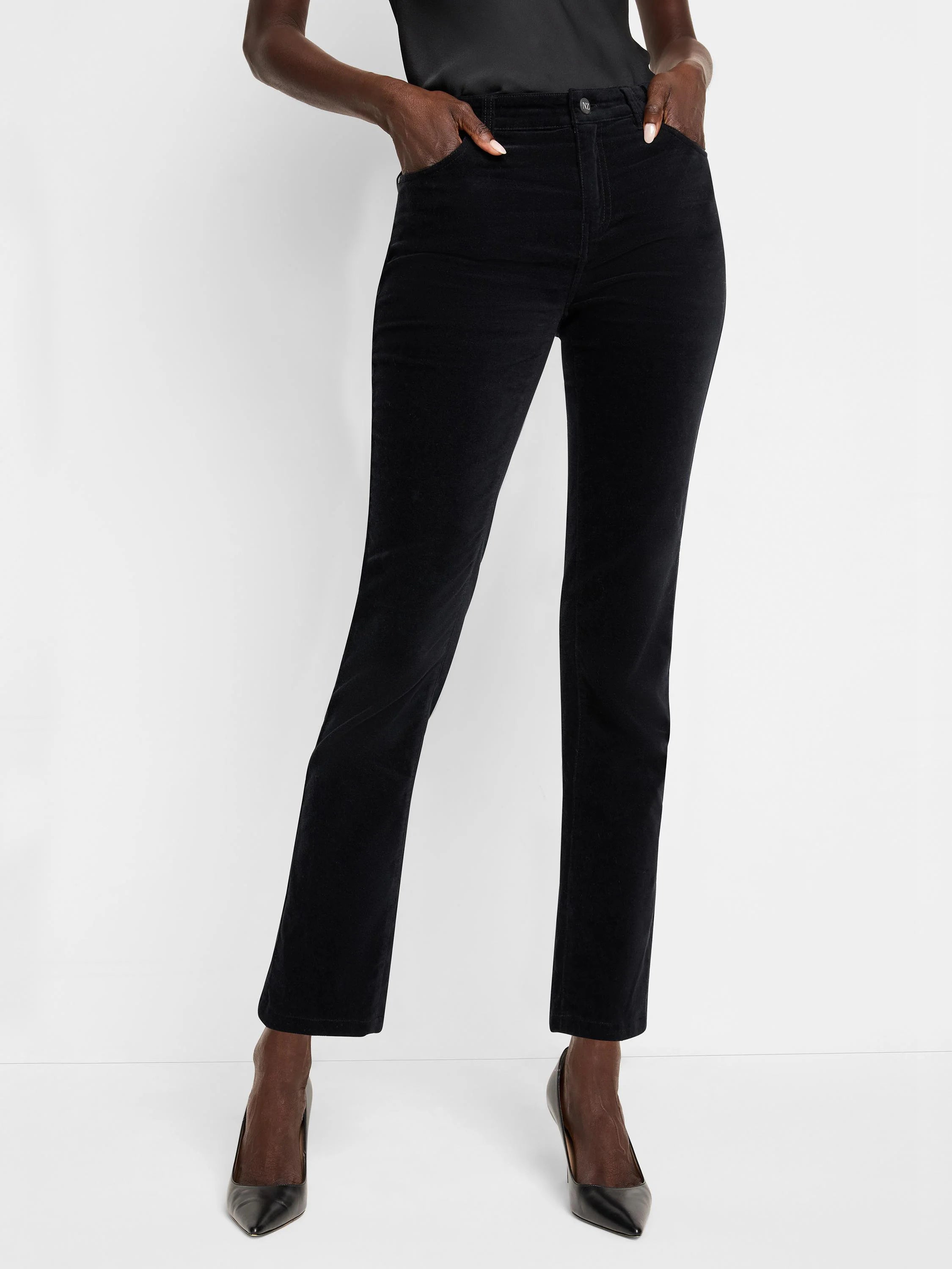 Black velvet straight-leg ankle pants.  Model is wearing black shoes.