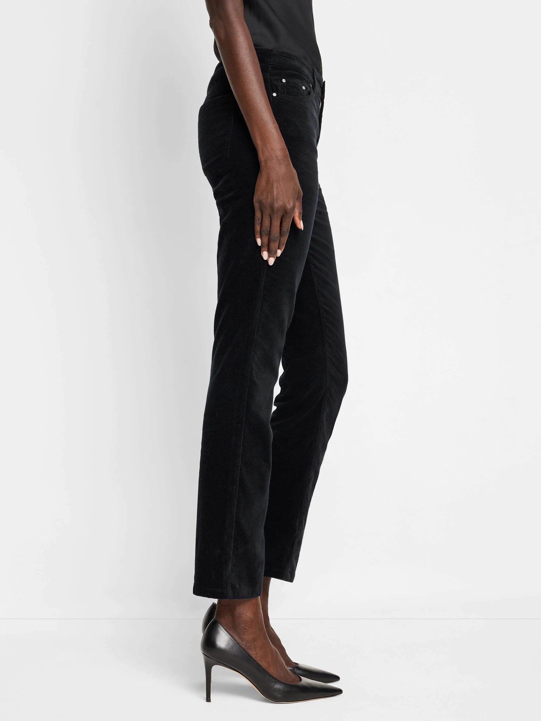 Black velvet ankle pants; straight leg, shown on a model.
