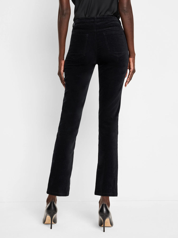 Black velvet ankle pants, straight leg. Back view.