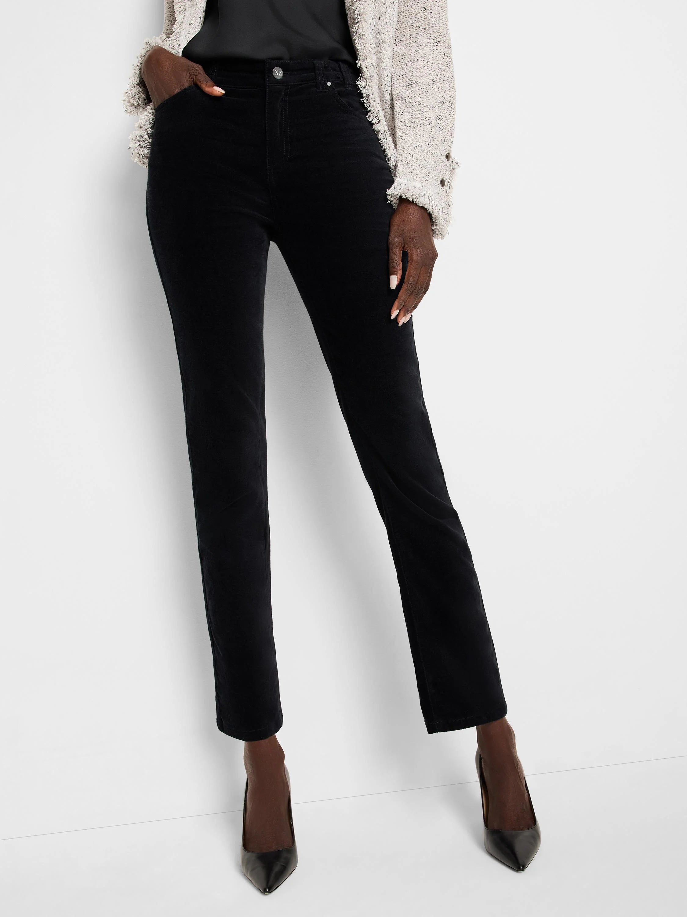 Black velvet ankle pants; straight leg; shown on model.