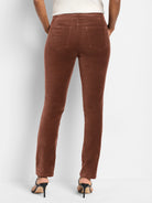 Brown velvet straight-leg ankle pants; back view.  Features two back pockets.