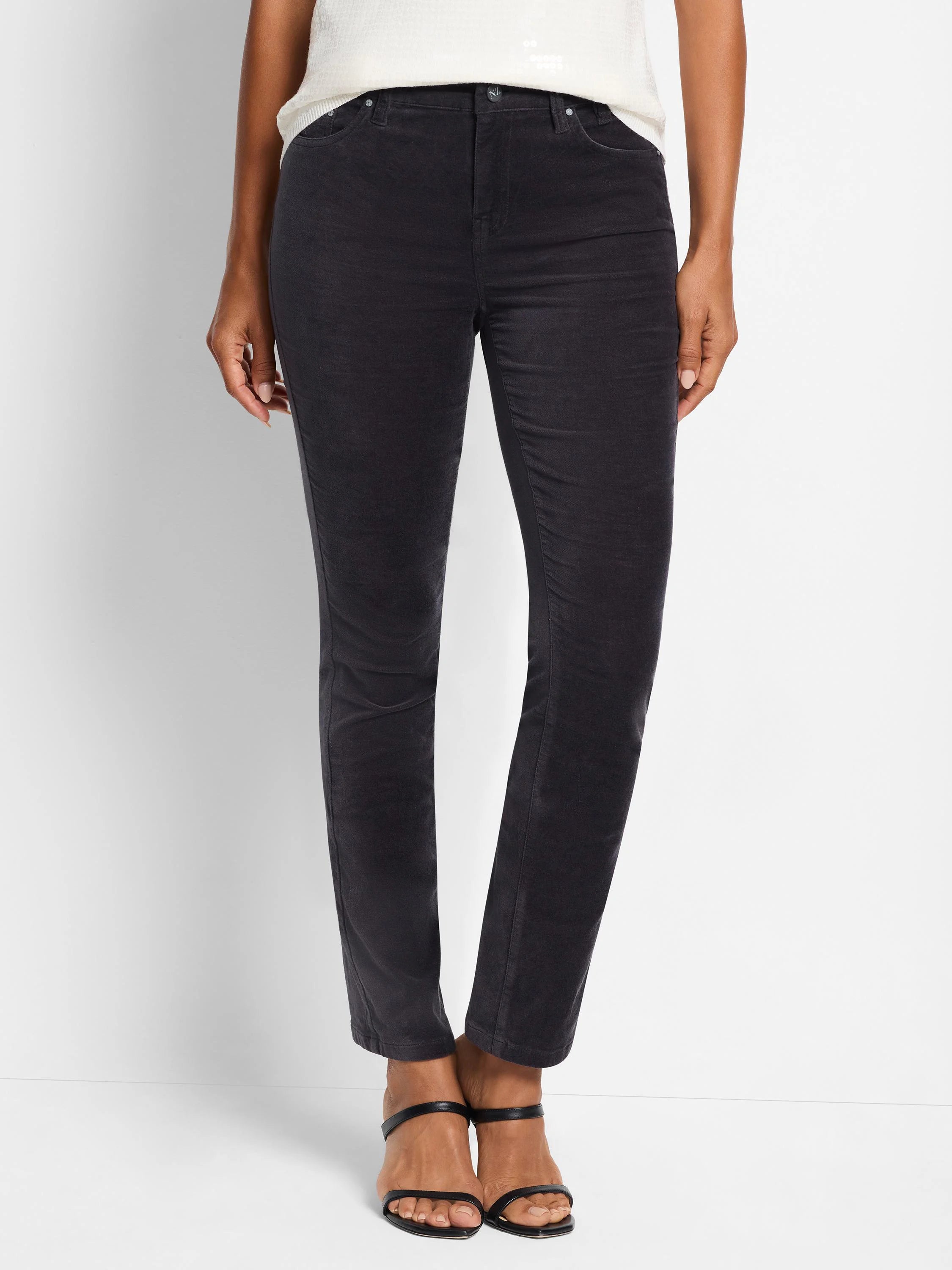 Dark gray velvet ankle pants, straight leg.  Model is wearing black heels.