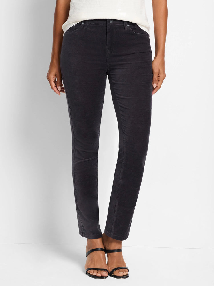Dark gray velvet ankle pants, straight leg. Model is wearing black heels.