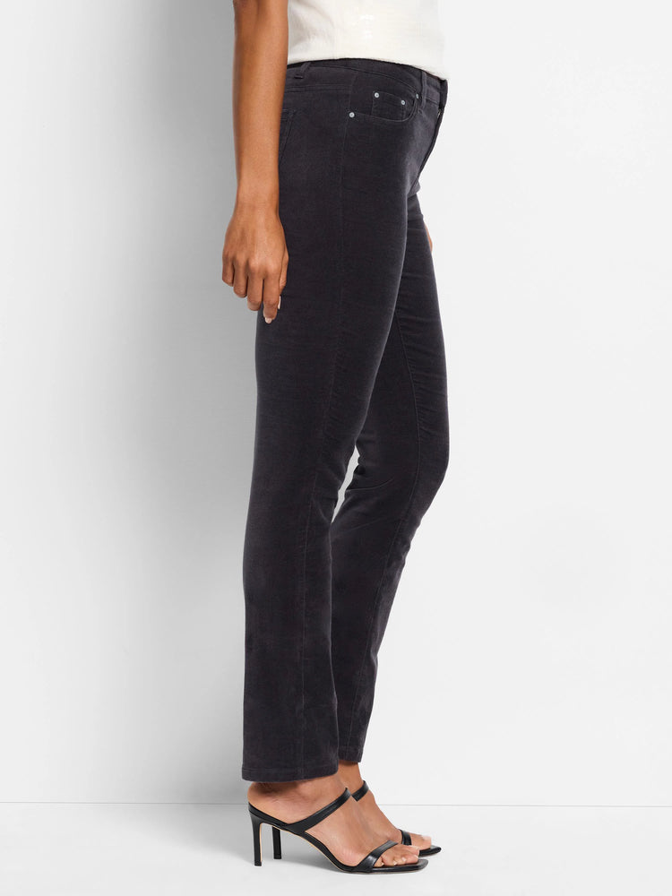 Dark gray velvet straight-leg ankle pants. Side view shows fit and texture.