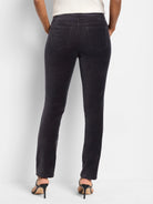 Dark gray velvet ankle pants; straight leg; back pockets.
