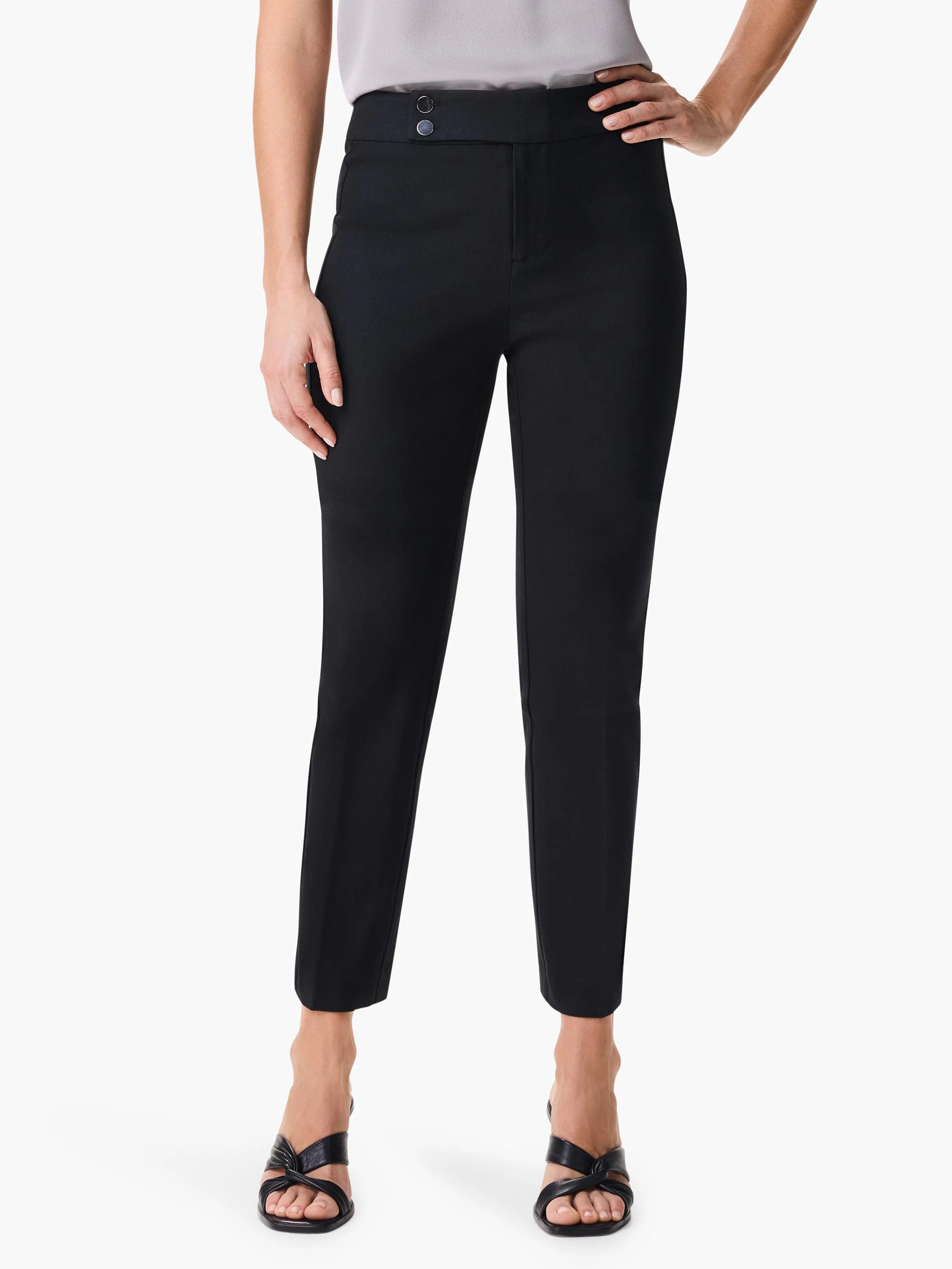 Black straight-leg pants; cropped; two-button waist.