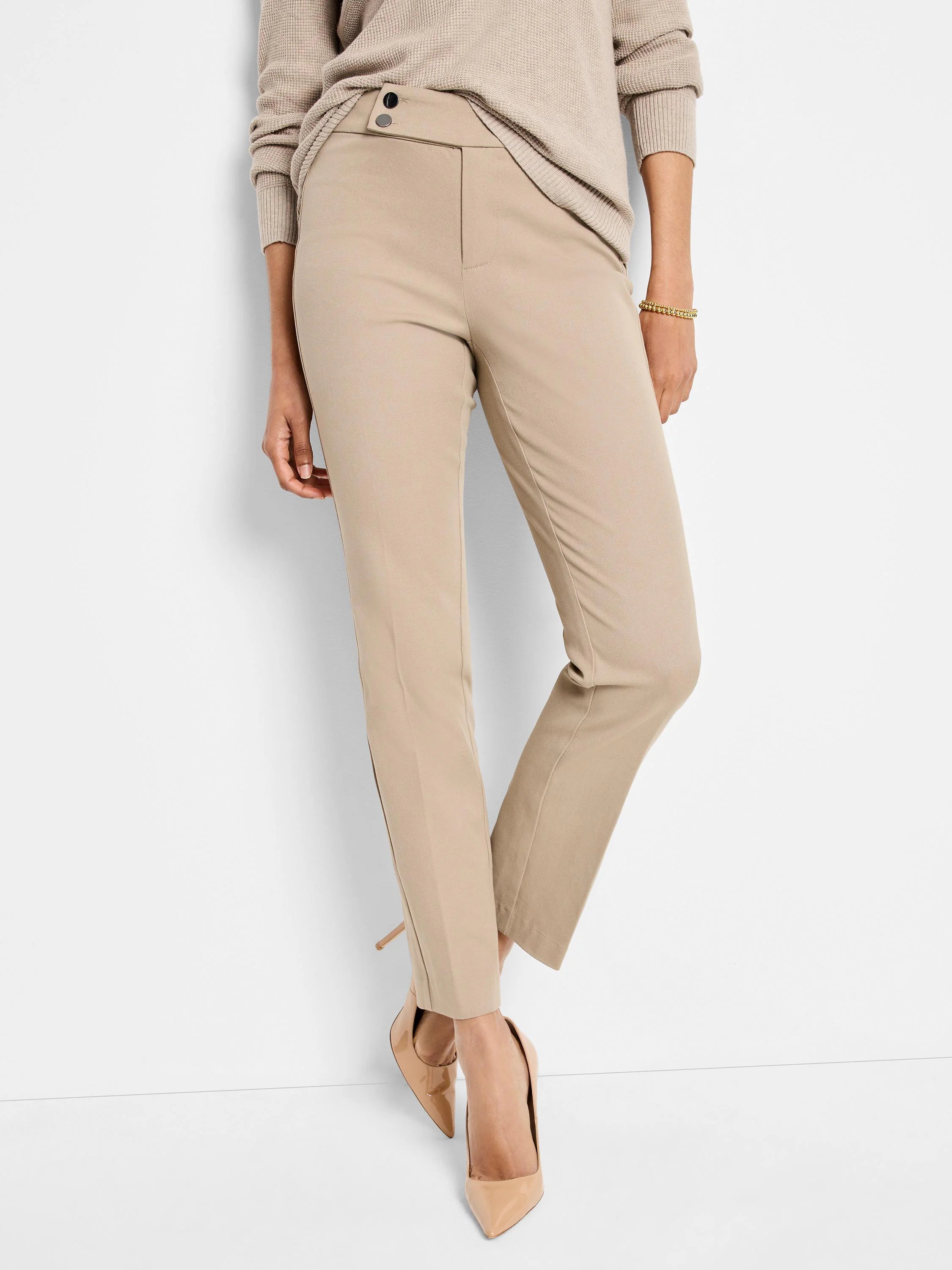 Beige straight-leg pants;  model is wearing light beige shoes.  Two dark buttons at waist.